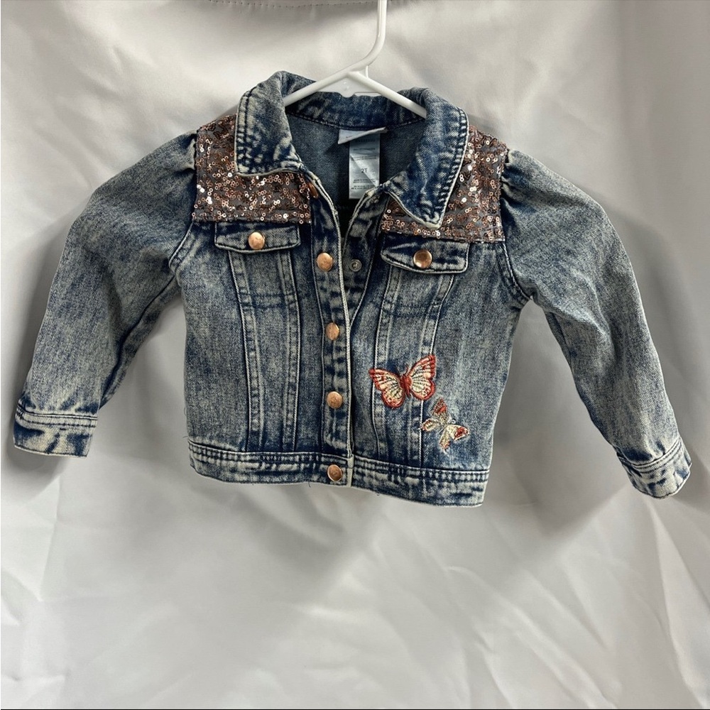 Little Lass Blue Butterfly Jean Jacket with Rose Gold Sequins